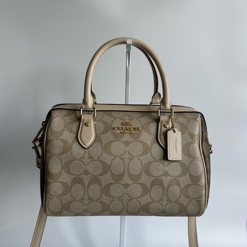 Coach Rowan Satchel Khaki Chalk Signature Canvas Leather Bag Excellent